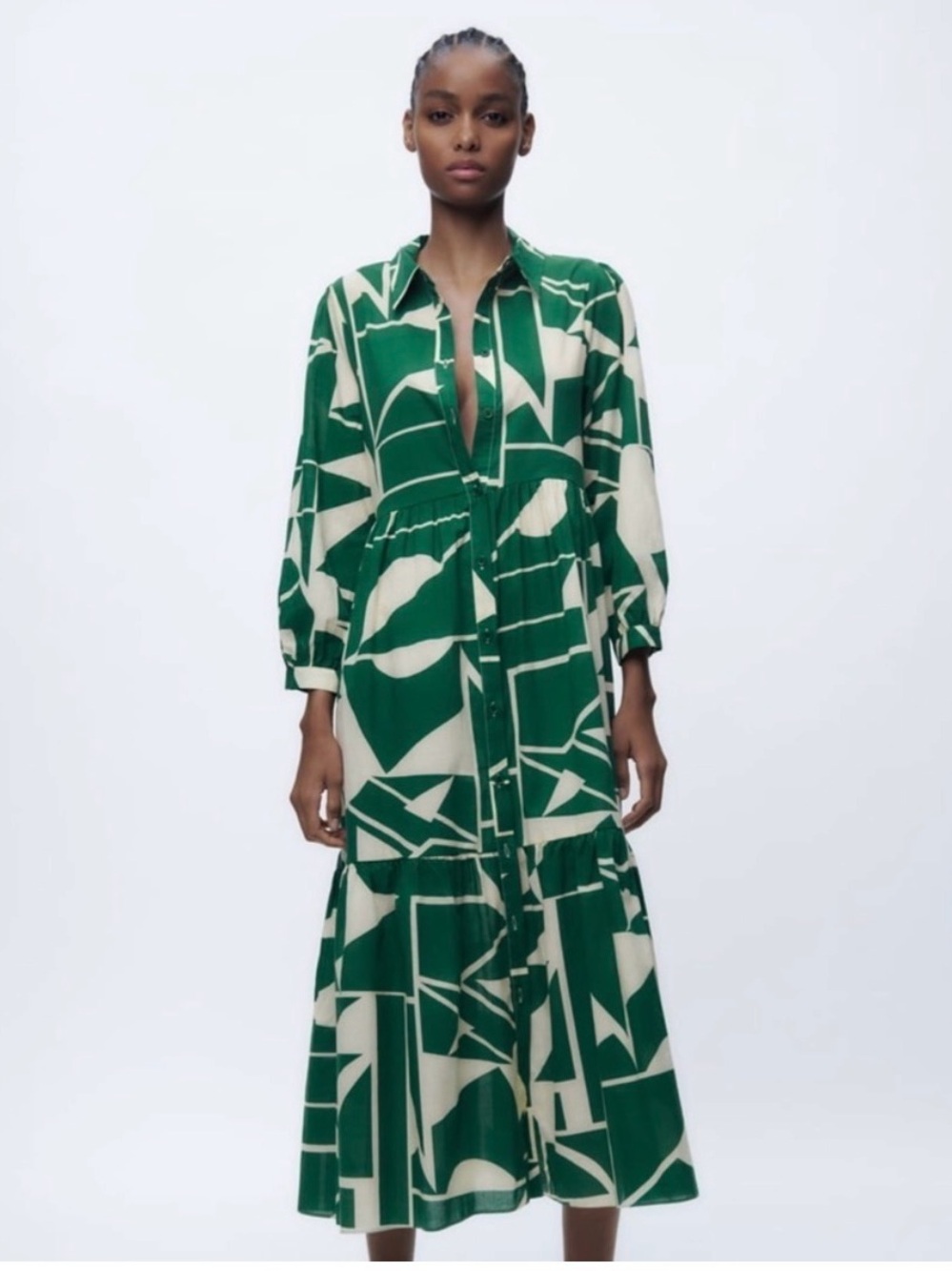 Zara Green Geometric Abstract Print Tiered Midi Shirt Dress Large L